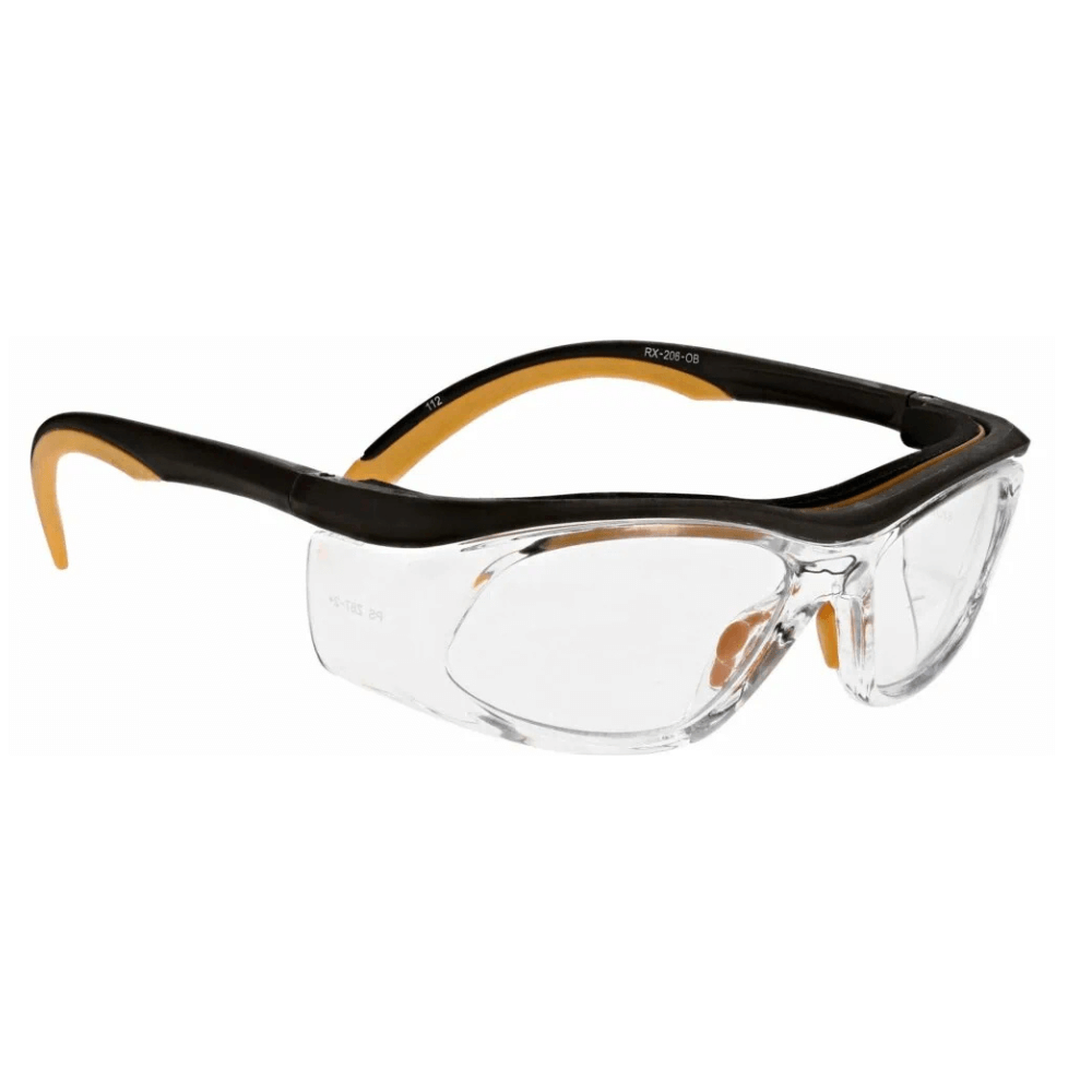 Orange-brown frame safety glasses 206 by Glass Lens Eyewear with clear lenses, showcasing a durable and stylish design.