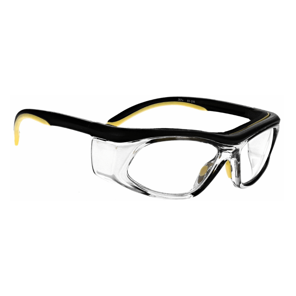 Yellow and black frame safety glasses 206 by Glass Lens Eyewear with clear lenses, showcasing a sleek design.