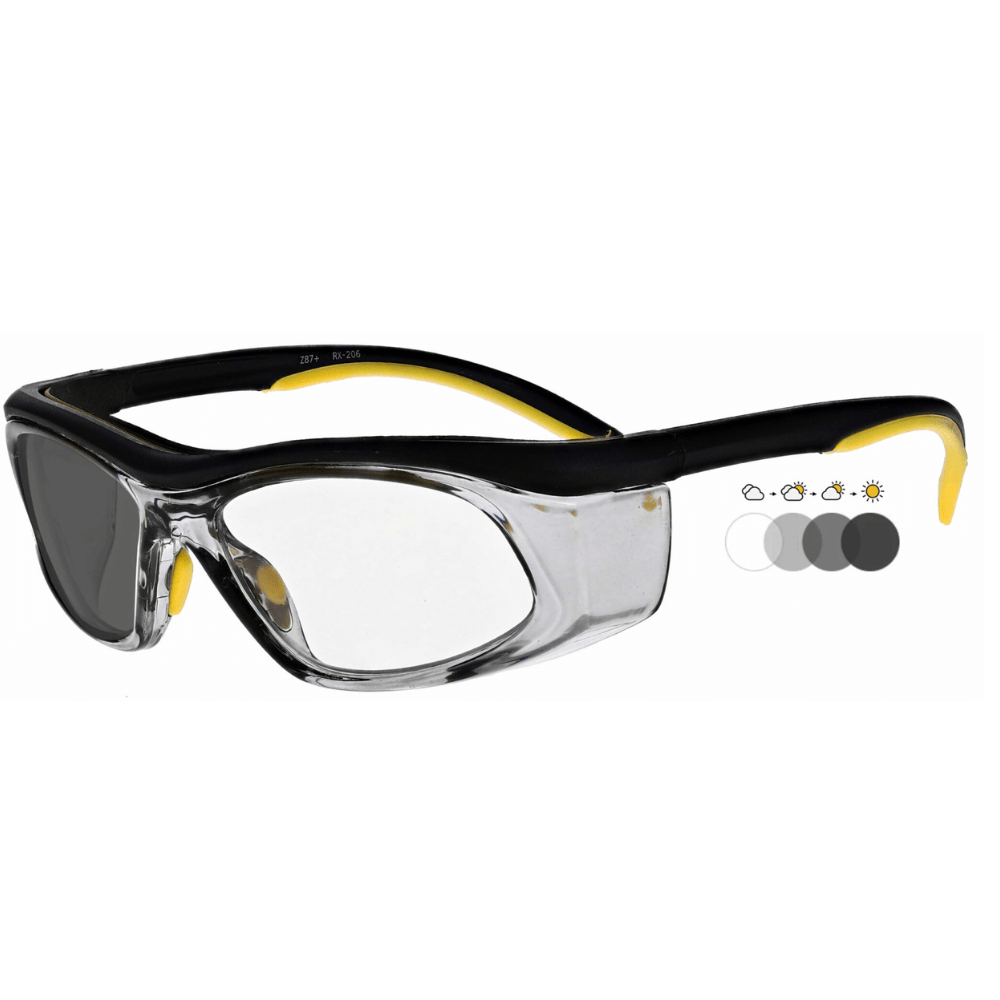 Yellow and black frame safety glasses 206 by Glass Lens Eyewear, showcasing a stylish design and protective features.