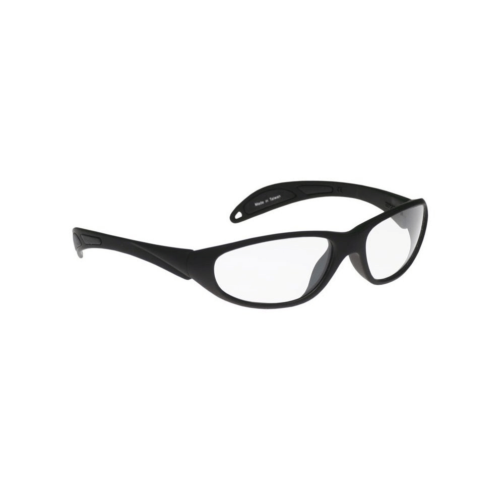 Black frame safety glasses 208 from Glass Lens Eyewear with clear lenses, ideal for protection and visibility.