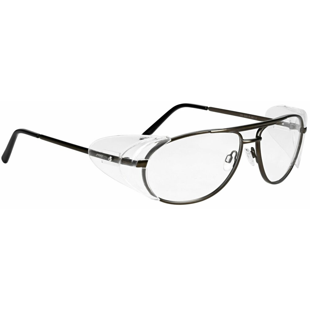 Pewter frame safety glasses with clear lenses from Glass Lens Eyewear, showcasing sleek design and durability.