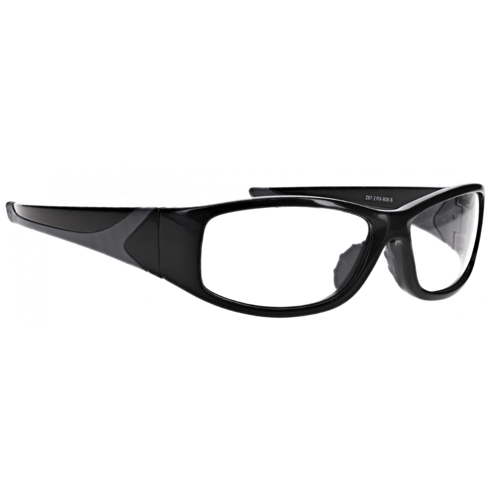 Black frame safety glasses 808 from Glass Lens Eyewear, featuring clear lenses for protection and visibility.