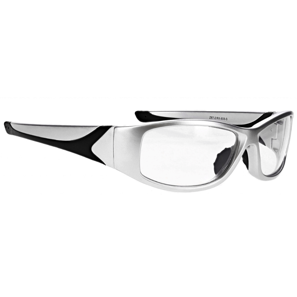 Silver frame safety glasses 808 by Glass Lens Eyewear with clear lenses, showcasing a sleek and protective design.