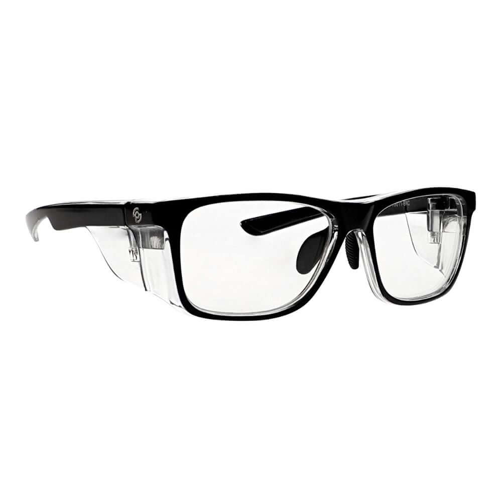 Clear Glass Safety Glasses 15011 by Glass Lens Eyewear, featuring a sleek black frame and protective lens design.