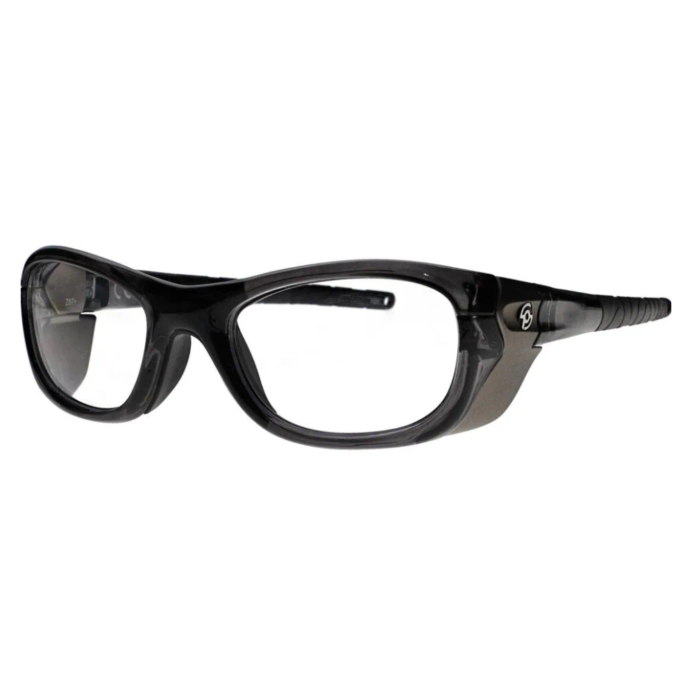 VS Eyewear RX-Q100 prescription safety glasses with a sleek black frame and clear lenses, ideal for protection and vision.