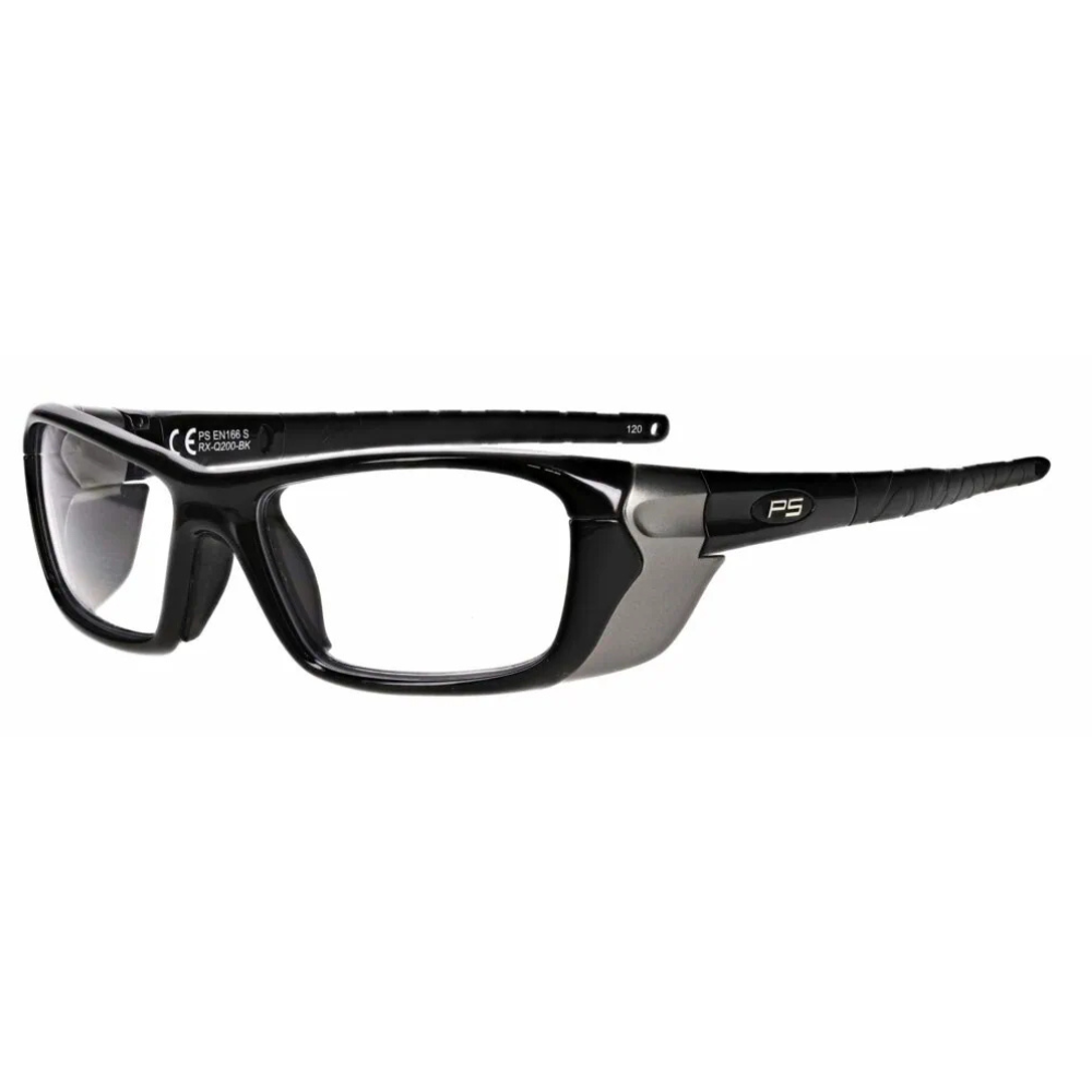 Black prescription safety glasses RX-Q200 by VS Eyewear with sturdy frames and clear lenses for protection and vision clarity.