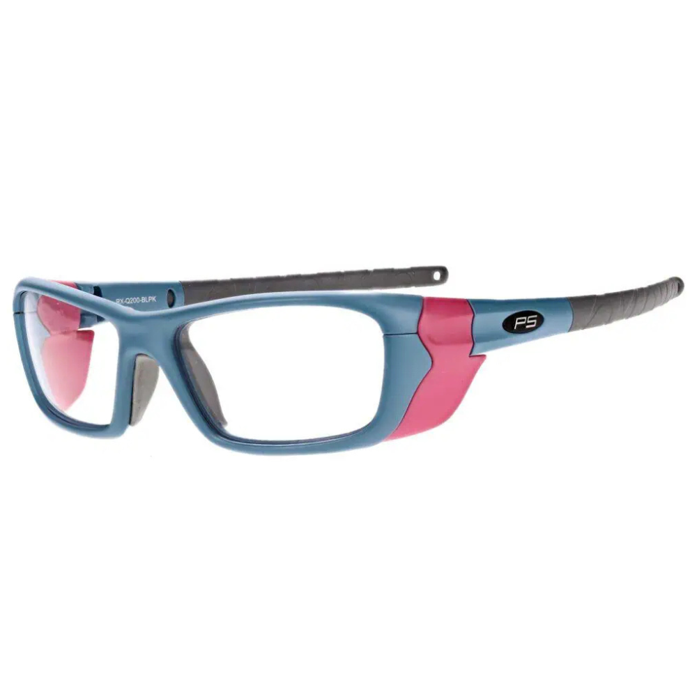 VS Eyewear RX-Q200 prescription safety glasses in blue and pink, featuring a stylish and protective design.
