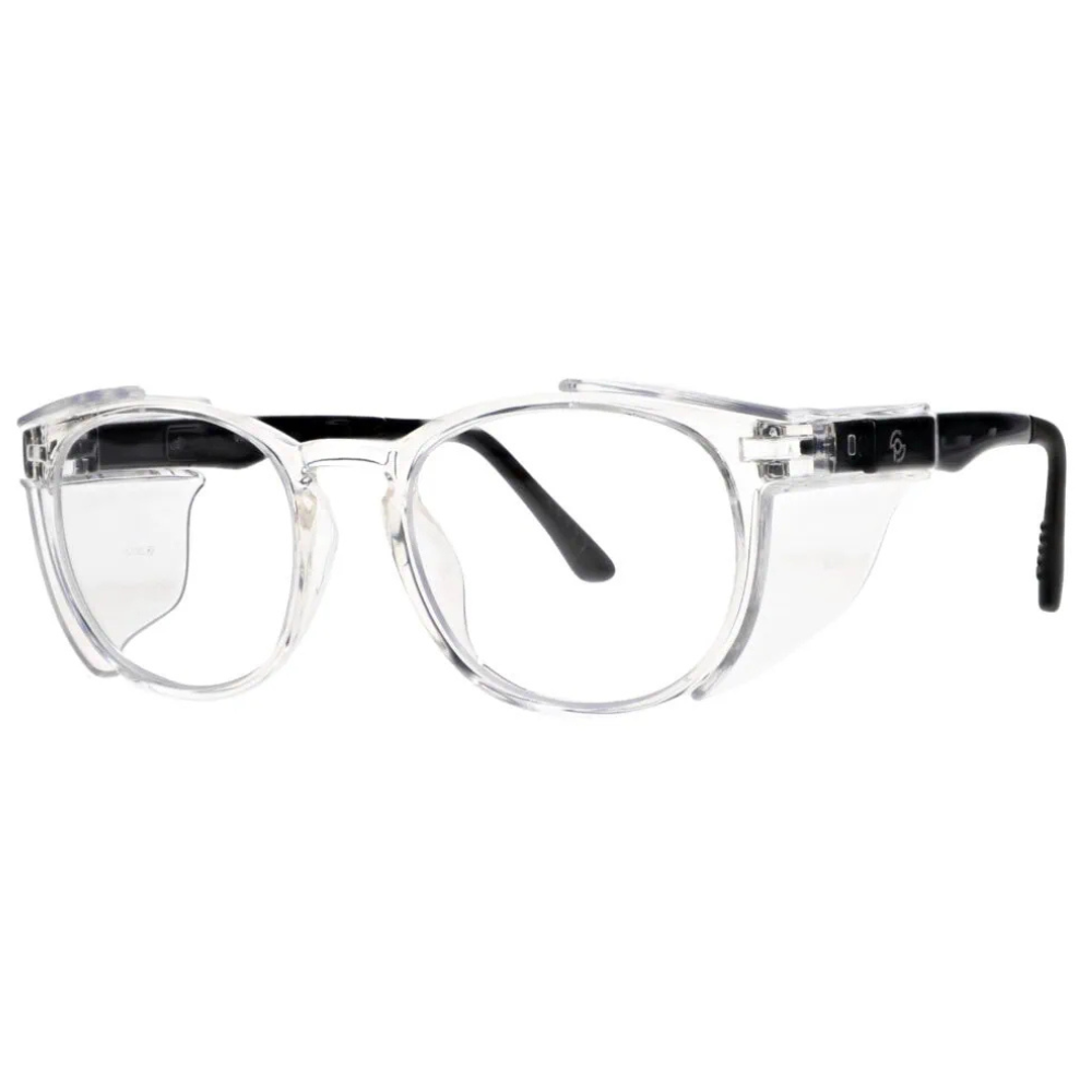 VS Eyewear RX-190 prescription safety glasses with clear lenses, featuring a sturdy frame and protective design.