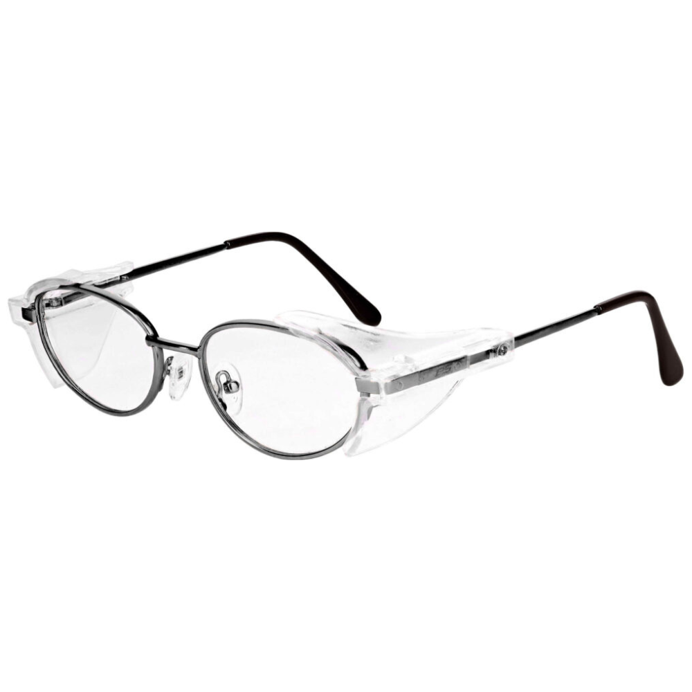 Gunmetal VS Eyewear RX-500 prescription safety glasses with clear lenses and sturdy frame.