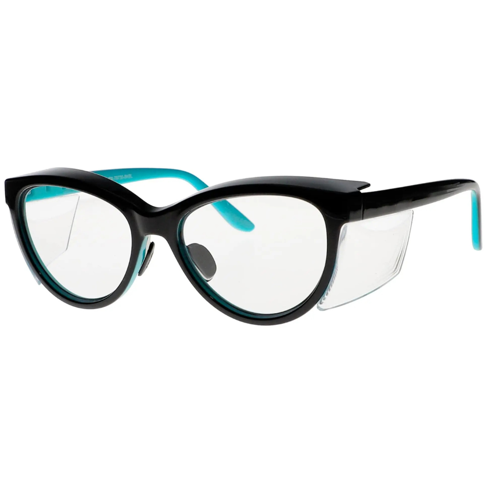 Black and teal VS Eyewear RX-T9730 prescription safety glasses with protective lenses and a stylish frame design.