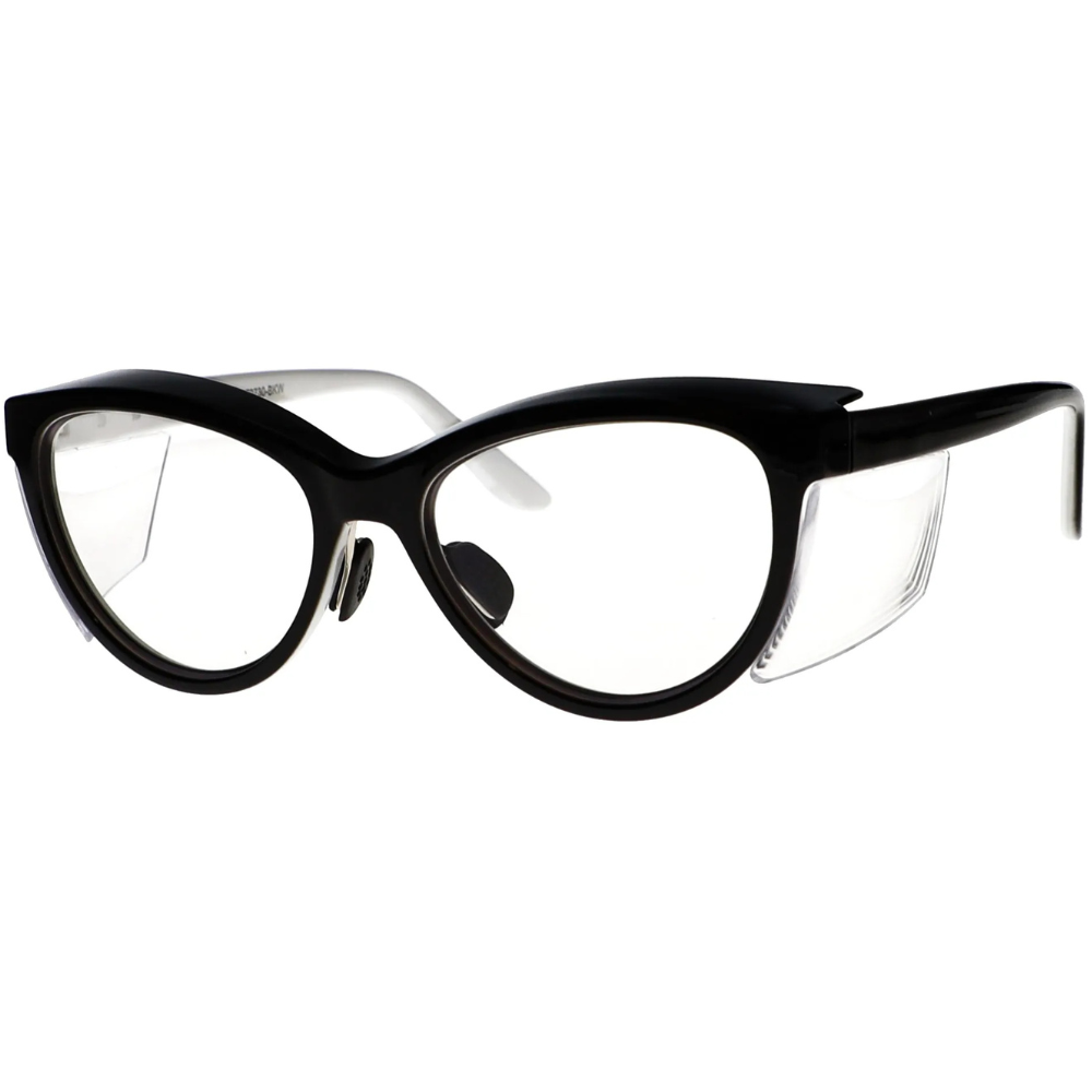 Black and white RX-T9730 prescription safety glasses by VS Eyewear, showcasing a sleek, modern design and sturdy frame.
