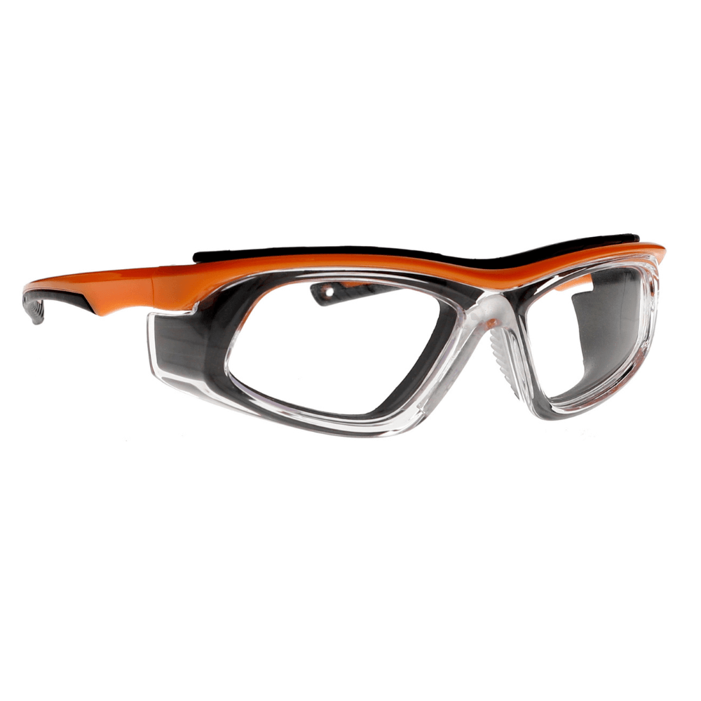 Orange frame T9603 safety glasses by Glass Lens Eyewear, showcasing clear lenses and durable design for protection.