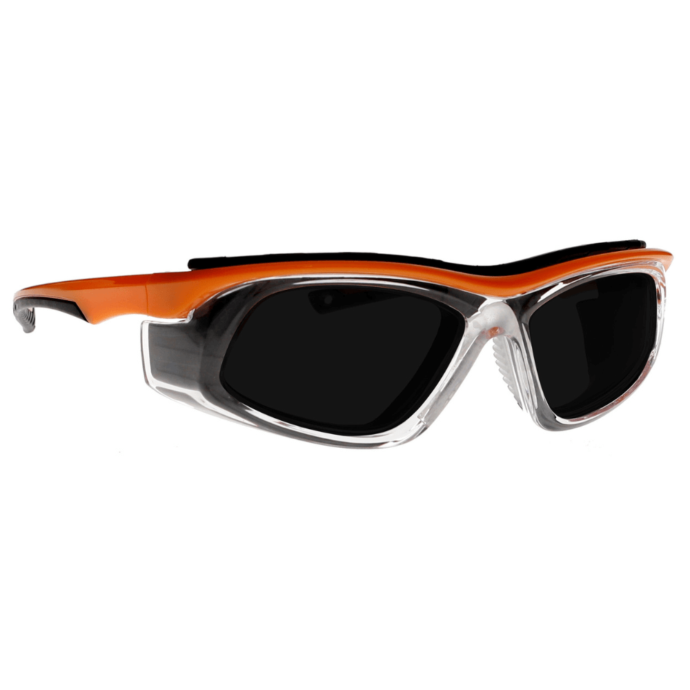 Orange frame T9603 safety glasses from Glass Lens Eyewear with gray lenses, showcasing a durable and stylish design.
