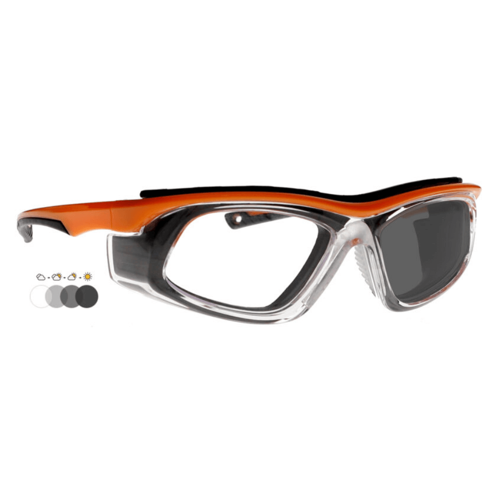 Orange frame safety glasses T9603 by Glass Lens Eyewear with clear lenses, ideal for protection and visibility.